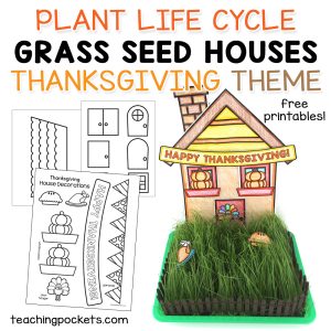 Thanksgiving-themed plant life cycle craft showing a colorful paper house labeled "Happy Thanksgiving" set in a tray of green grass, with printable house parts and decorations. Includes free printables for doors, windows, and Thanksgiving images, displayed on the left. Website teachingpockets.com appears at the bottom.